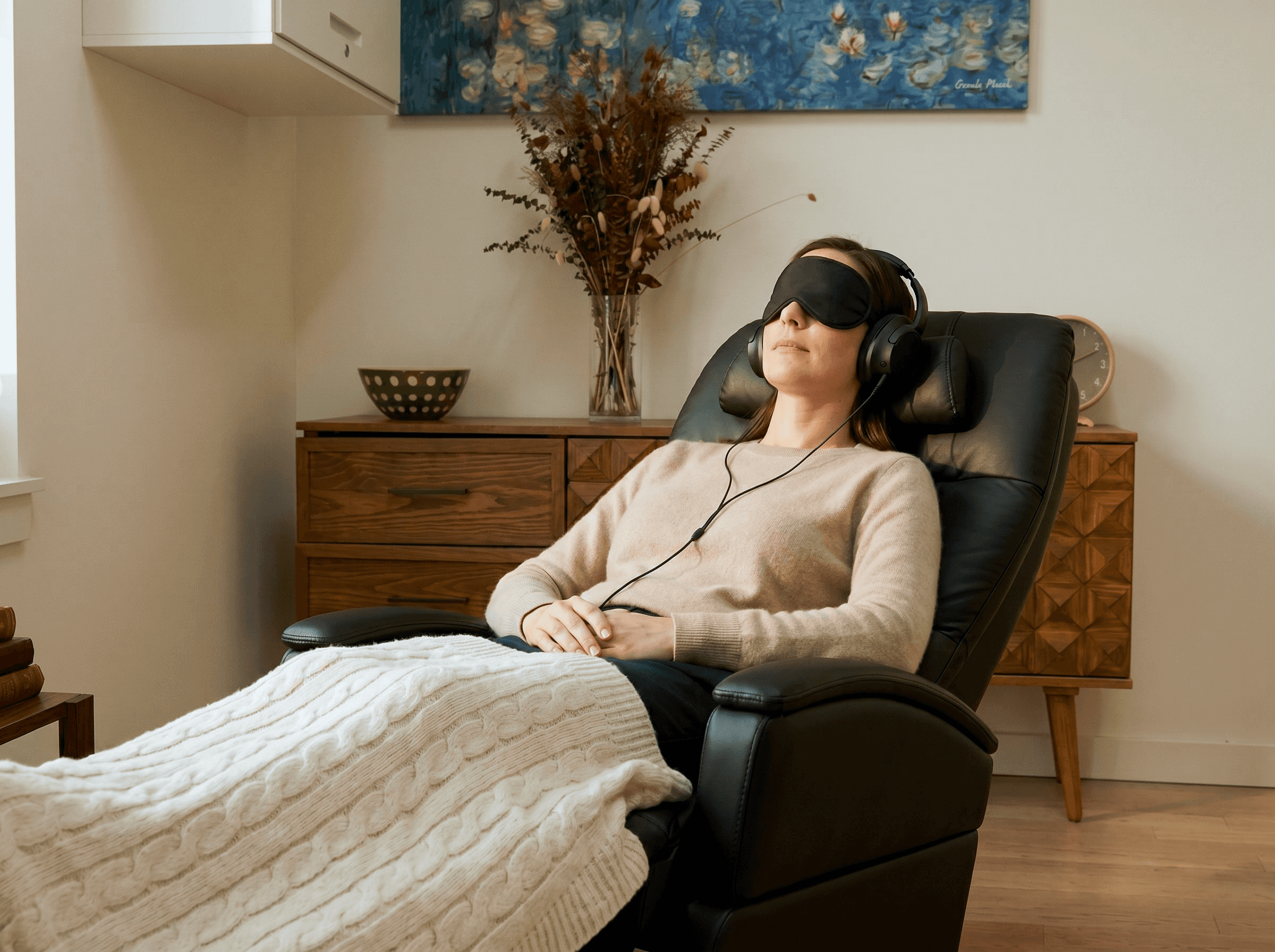 Patient relaxing in a black zero-gravity chair wearing an eye mask and headphones in a warm treatment room